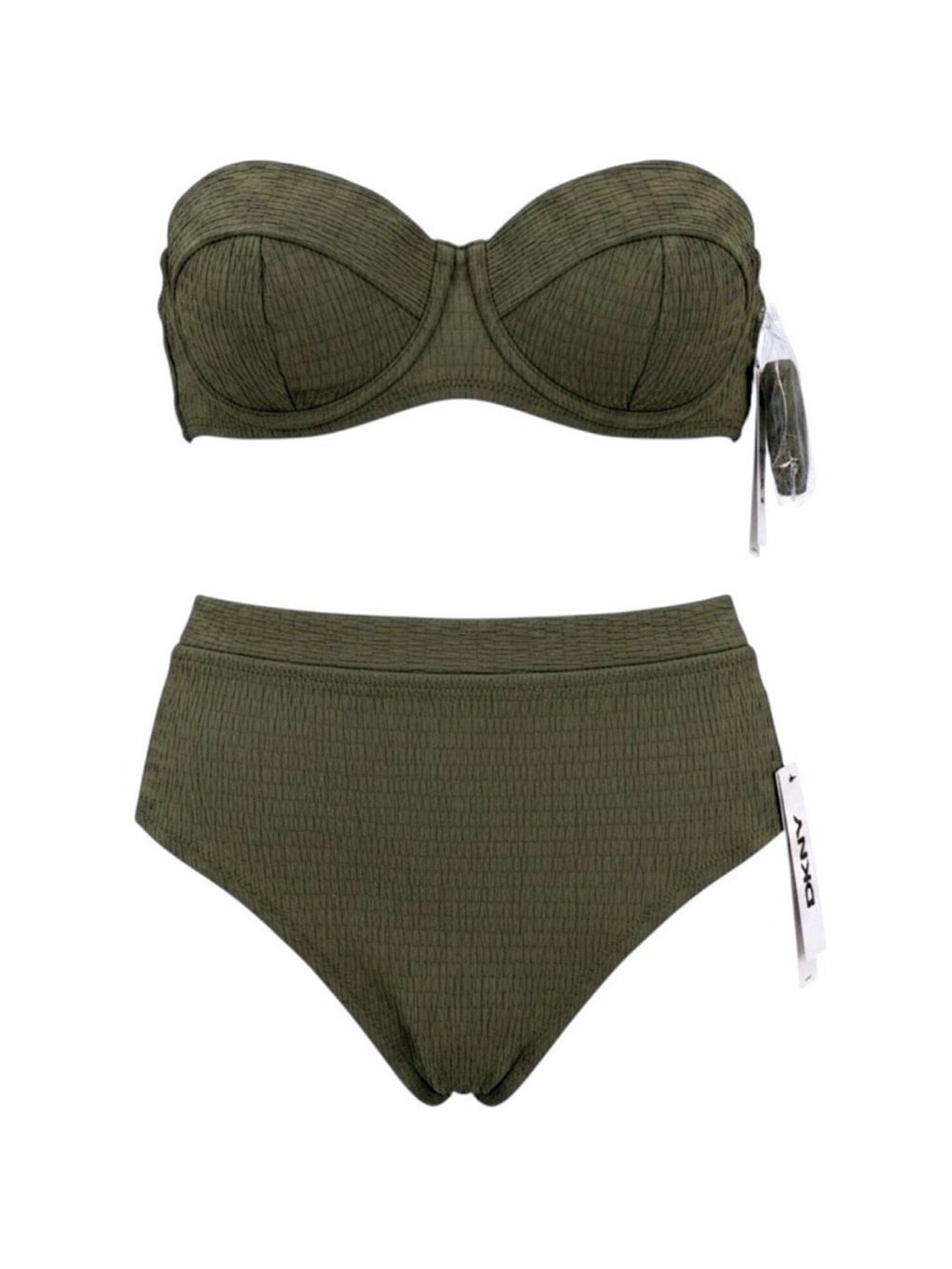 NWT💚💚💚DKNY Olive Green Strapless Underwire Bikini Set with High-Rise Bottoms